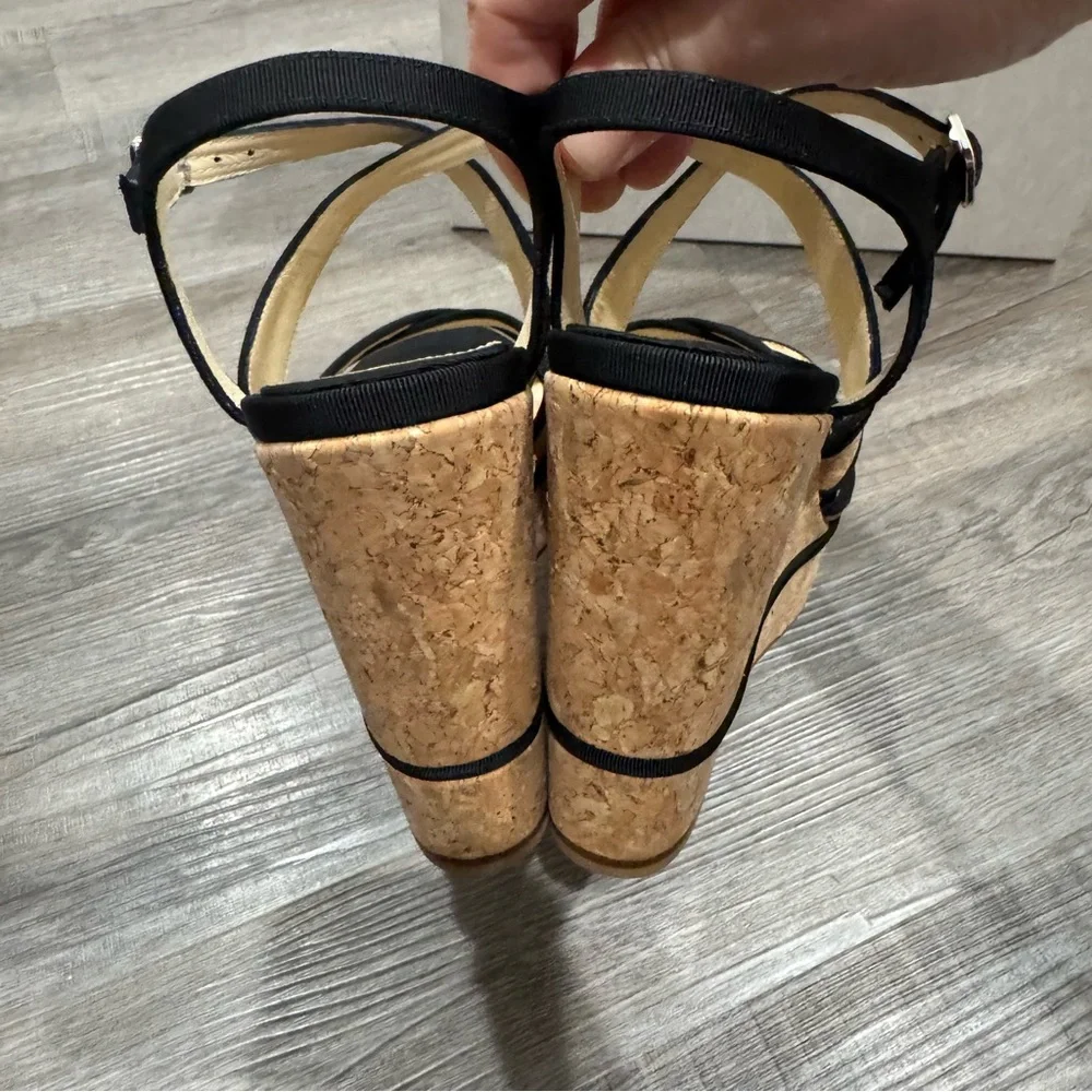 Jimmy Choo Alissa 120 Natural Black Cork Grossgrain Wedges